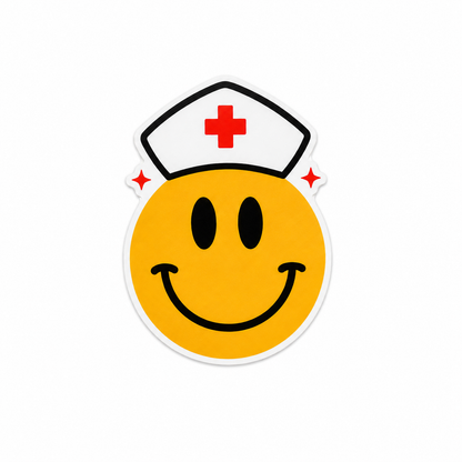Nurse smiley face plastic add-on with yellow smiley design and nurse cap, compatible with interchangeable badge reel bases