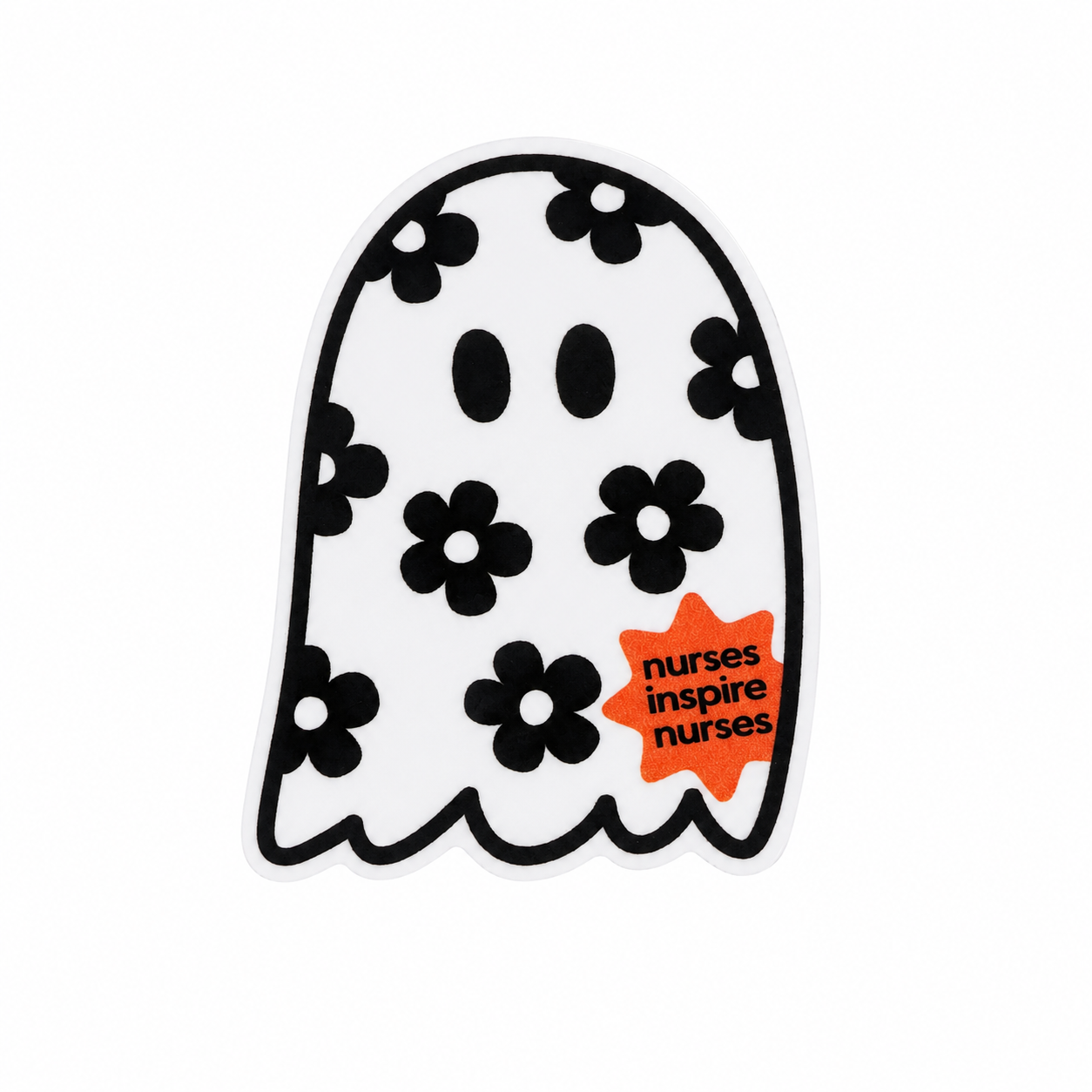 nurses inspire nurses plastic add-on with floral ghost design, black flowers, and orange accent, compatible with interchangeable badge reel bases.