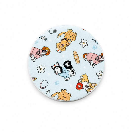 Nursing dogs hard board add-on featuring cartoon dogs in nursing attire with stethoscopes, bandages, first aid kits, and flowers, compatible with interchangeable badge reel bases.