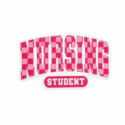 NURSING STUDENT plastic add-on with pink checkerboard lettering, compatible with interchangeable badge reel bases, perfect for nursing students and future nurses.