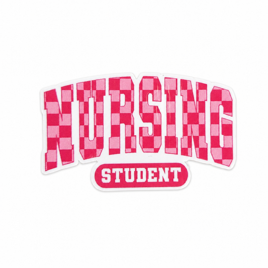 NURSING STUDENT plastic add-on with pink checkerboard lettering, compatible with interchangeable badge reel bases, perfect for nursing students and future nurses.