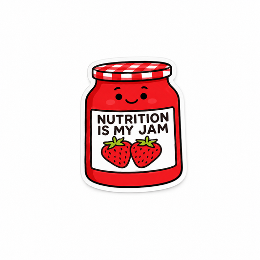 Nutrition Is My Jam plastic add-on featuring a cute strawberry jam jar design for compatible interchangeable badge reel bases