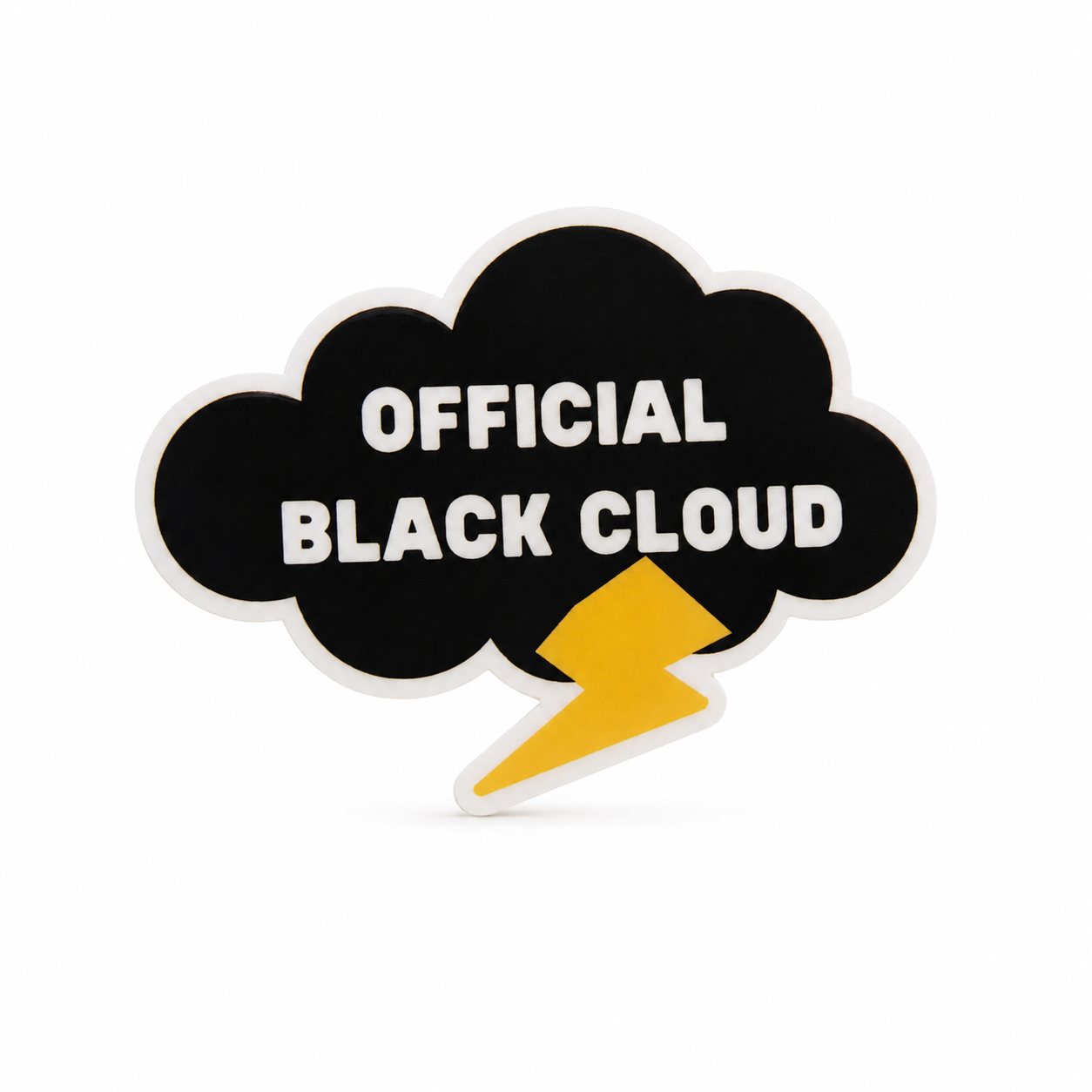 OFFICIAL BLACK CLOUD plastic add-on with a black storm cloud and yellow lightning bolt, compatible with interchangeable badge reel bases for nurse shift humor.