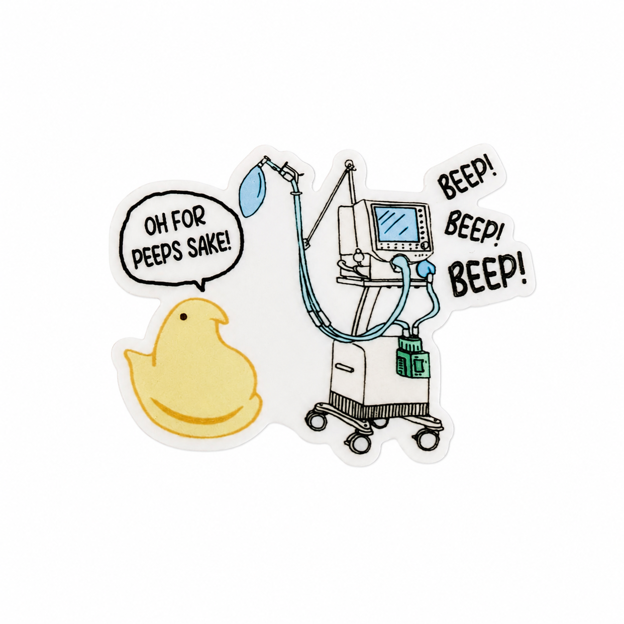 OH FOR PEEPS SAKE! plastic add-on featuring a yellow chick and ventilator with BEEP! BEEP! BEEP! text, compatible with interchangeable badge reel bases and perfect for respiratory therapist accessory use.
