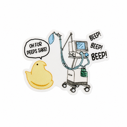 OH FOR PEEPS SAKE! plastic add-on featuring a yellow chick and ventilator with BEEP! BEEP! BEEP! text, compatible with interchangeable badge reel bases and perfect for respiratory therapist accessory use.
