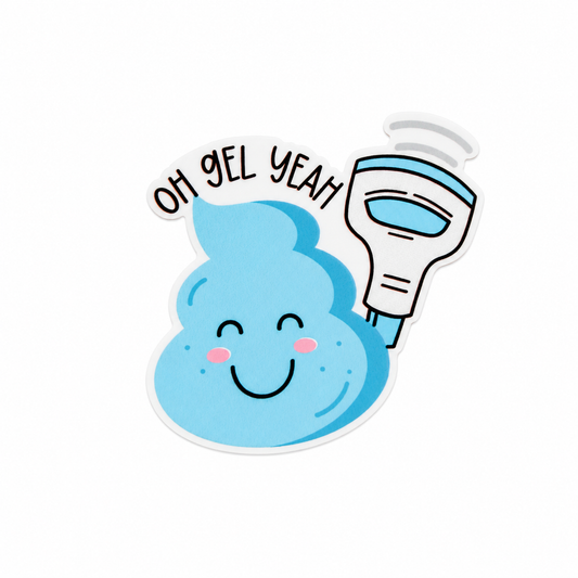 OH GEL YEAH plastic add-on with blue ultrasound gel and probe design, compatible with interchangeable badge reel bases, sonographer accessory.