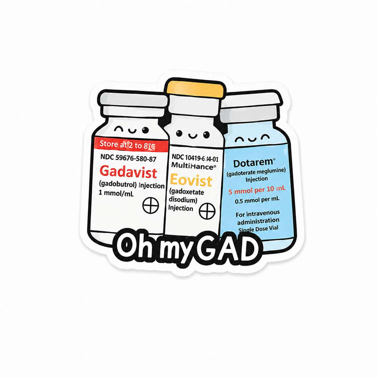 Funny MRI imaging plastic add-on featuring contrast medication bottles for compatible interchangeable badge reel bases and radiology healthcare accessories.