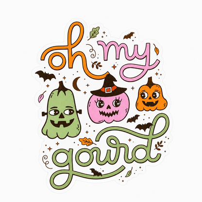 oh my gourd plastic add-on with pumpkins, bats, ghosts, leaves, and Halloween details, compatible with interchangeable badge reel bases.