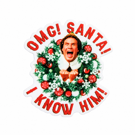 OMG! SANTA! I KNOW HIM! plastic add-on with Christmas wreath and red ornaments, compatible with interchangeable badge reel bases, funny Christmas work accessory.