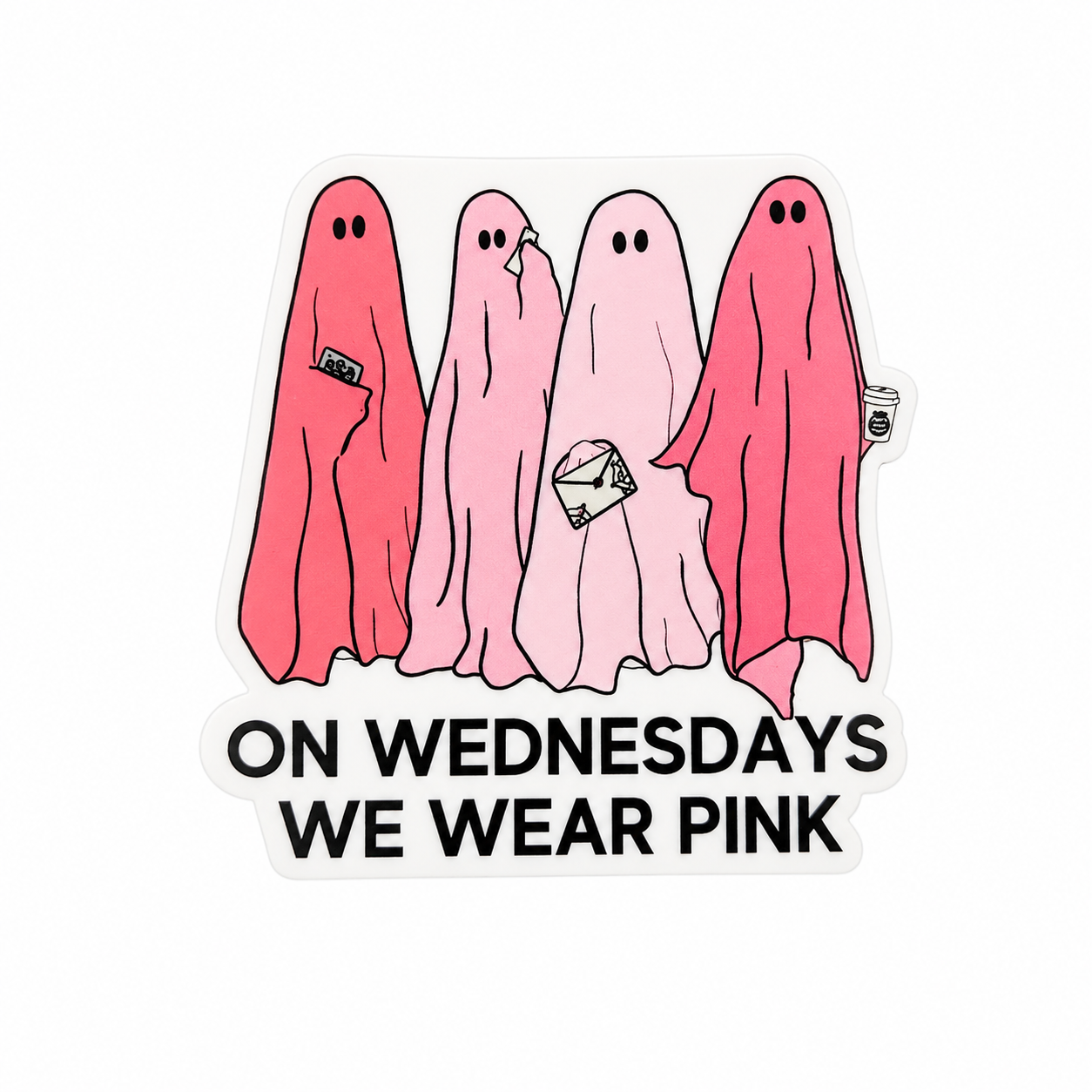 ON WEDNESDAYS WE WEAR PINK plastic add-on featuring four pink ghosts for Breast Cancer Awareness, compatible with interchangeable badge reel bases.