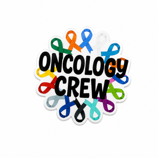 Oncology Crew cancer awareness plastic add-on with colorful ribbon design, made as a supportive oncology healthcare accessory compatible with interchangeable badge reel bases