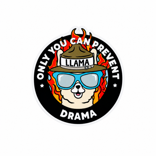 Only You Can Prevent Drama llama plastic add-on featuring a llama with sunglasses and flames, compatible with interchangeable badge reel bases, funny llama accessory