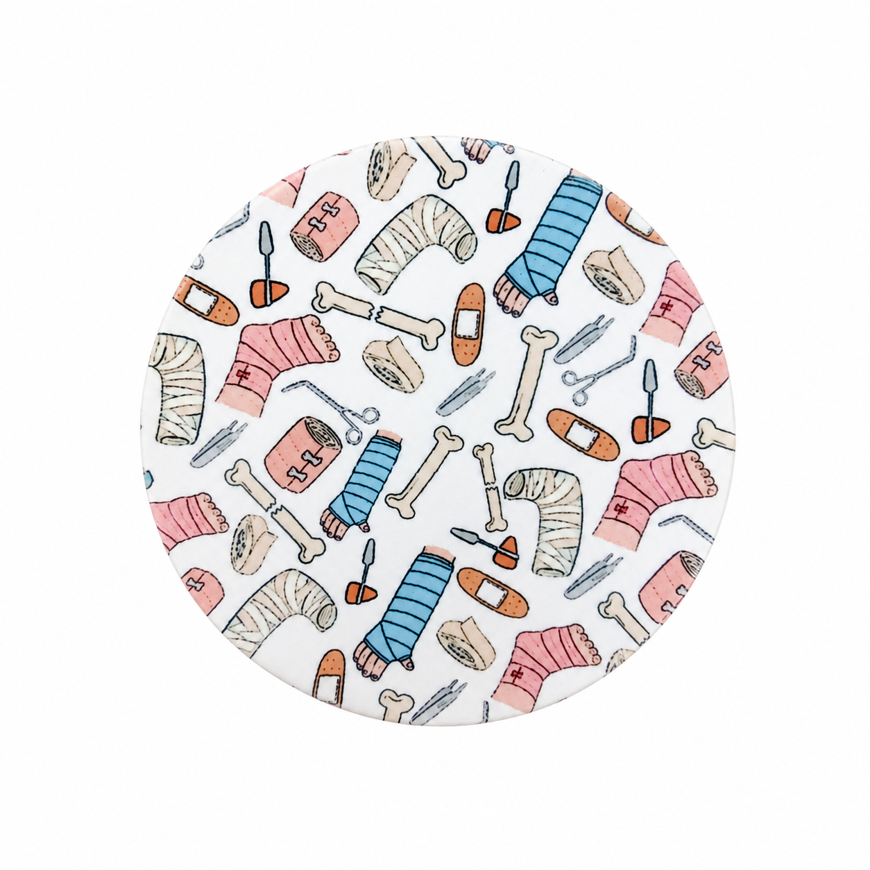Orthopedic care hard board add-on featuring casts, bandages, bones, scissors, tweezers, and medical supplies, compatible with interchangeable badge reel bases.