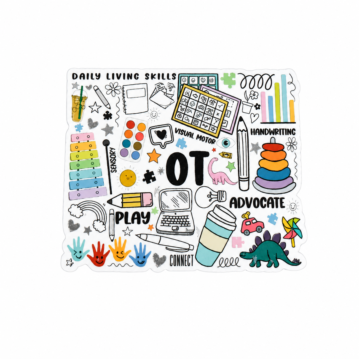 OT Advocate plastic add-on featuring occupational therapy themed illustrations including visual motor activities, handwriting tools, sensory play items, daily living skills, and therapy resources, compatible with interchangeable badge reel bases.