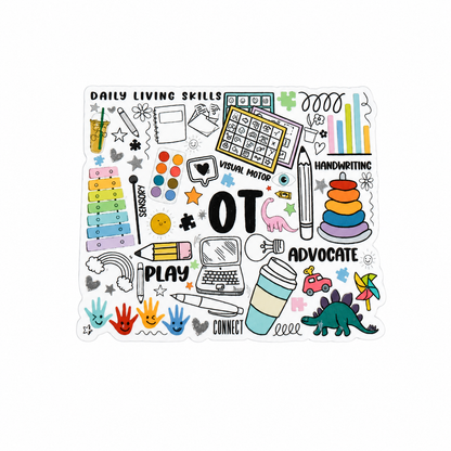 OT Advocate plastic add-on featuring occupational therapy themed illustrations including visual motor activities, handwriting tools, sensory play items, daily living skills, and therapy resources, compatible with interchangeable badge reel bases.