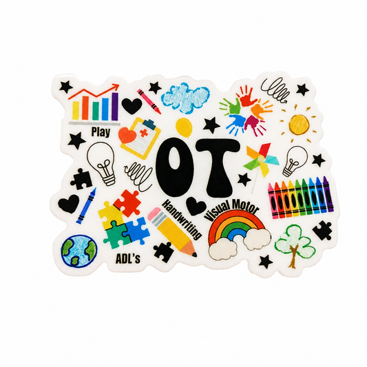 OT Occupational Therapy plastic add-on featuring occupational therapy icons including puzzle pieces, crayons, rainbow, ADL's, Play, and Visual Motor, compatible with interchangeable badge reel bases.