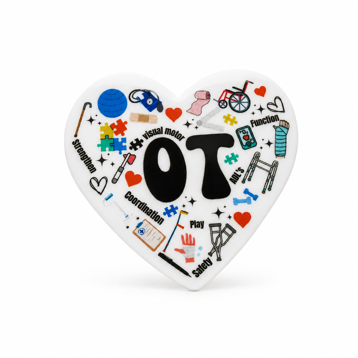 OT plastic add-on in a heart shape with occupational therapy tools, mobility aids, hearts, and therapy words, compatible with interchangeable badge reel bases.