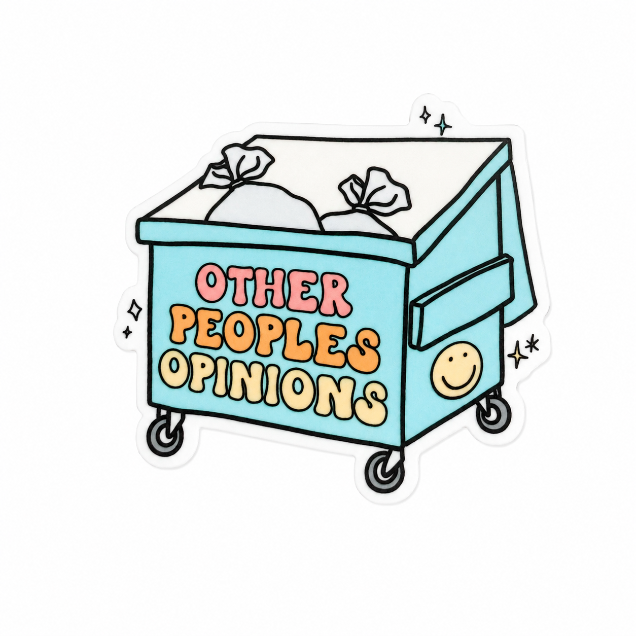 OTHER PEOPLE'S OPINIONS plastic add-on with teal dumpster design, compatible with interchangeable badge reel bases, funny work accessory.