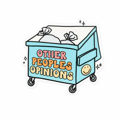 OTHER PEOPLE'S OPINIONS plastic add-on with teal dumpster design, compatible with interchangeable badge reel bases, funny work accessory.