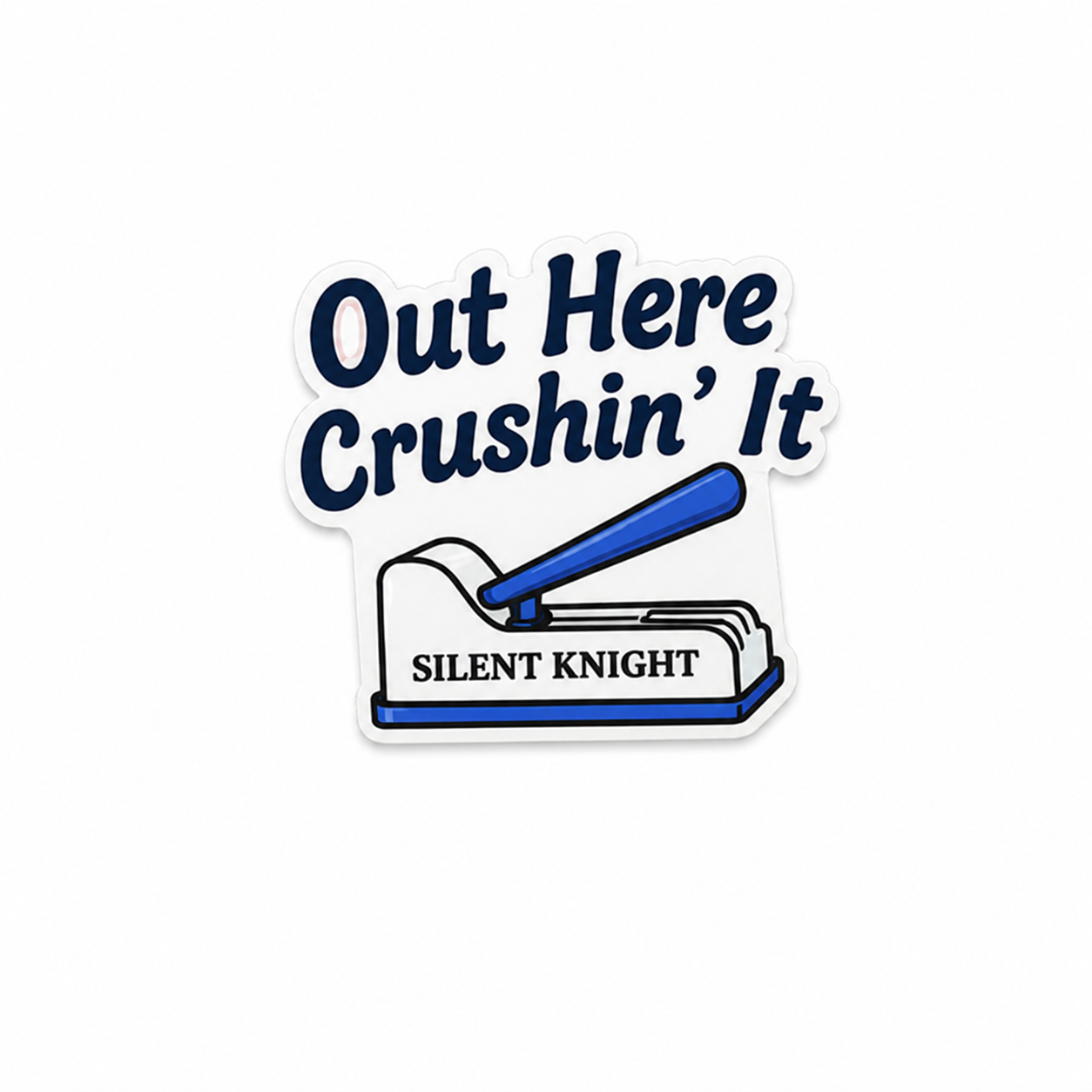 Out Here Crushin’ It Silent Knight plastic add-on with cute pill crusher design, made as a funny healthcare worker accessory compatible with interchangeable badge reel bases