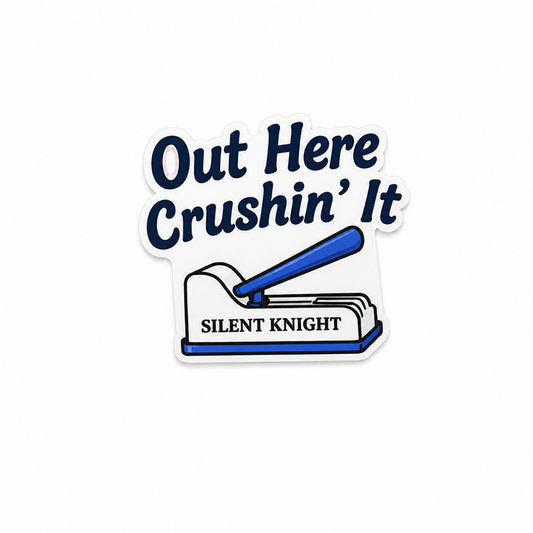 Out Here Crushin’ It Silent Knight plastic add-on with cute pill crusher design, made as a funny healthcare worker accessory compatible with interchangeable badge reel bases