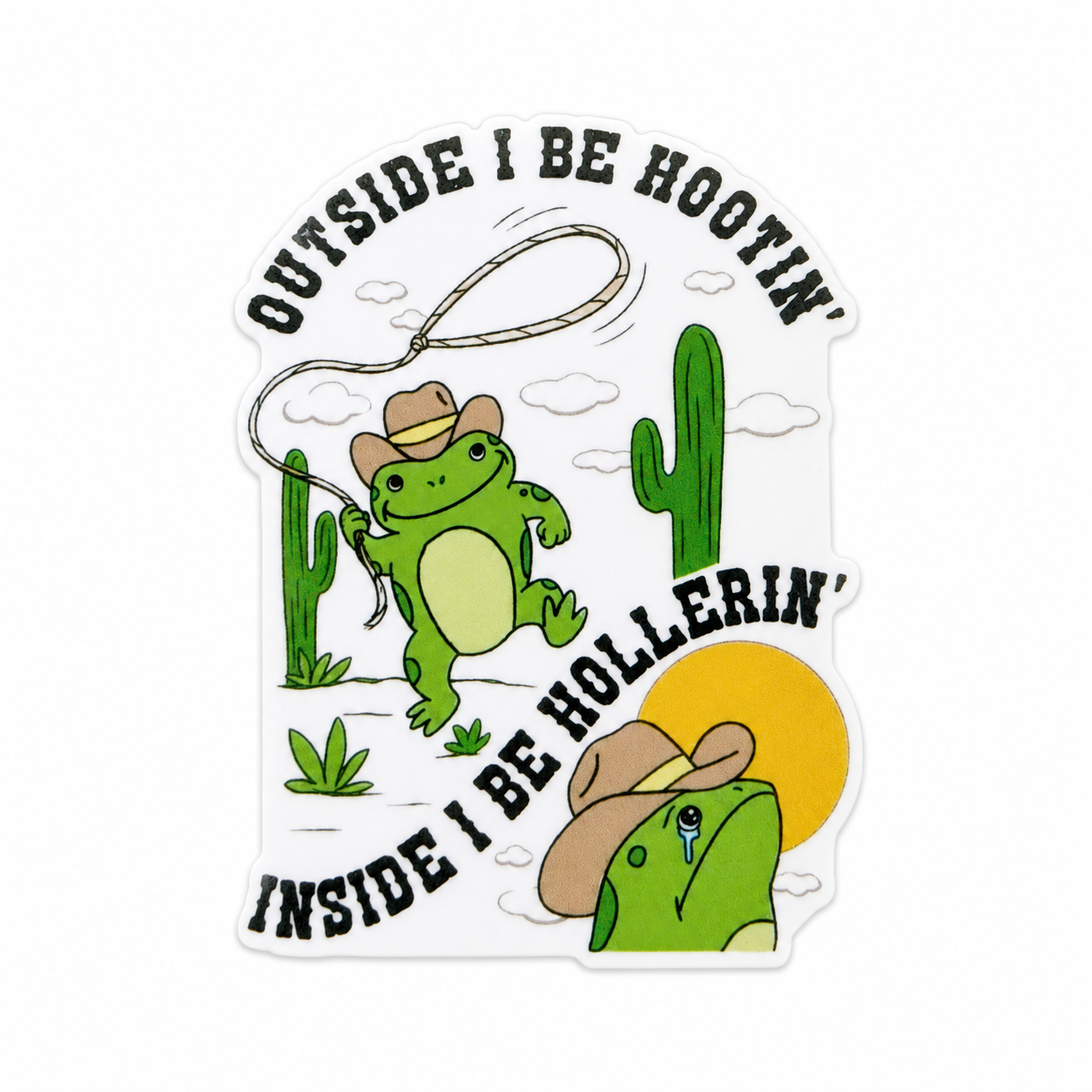 Outside I Be Hootin' Inside I Be Hollerin' plastic add-on featuring a cowboy frog, cacti, and western desert theme, compatible with interchangeable badge reel bases and perfect as a funny healthcare worker accessory