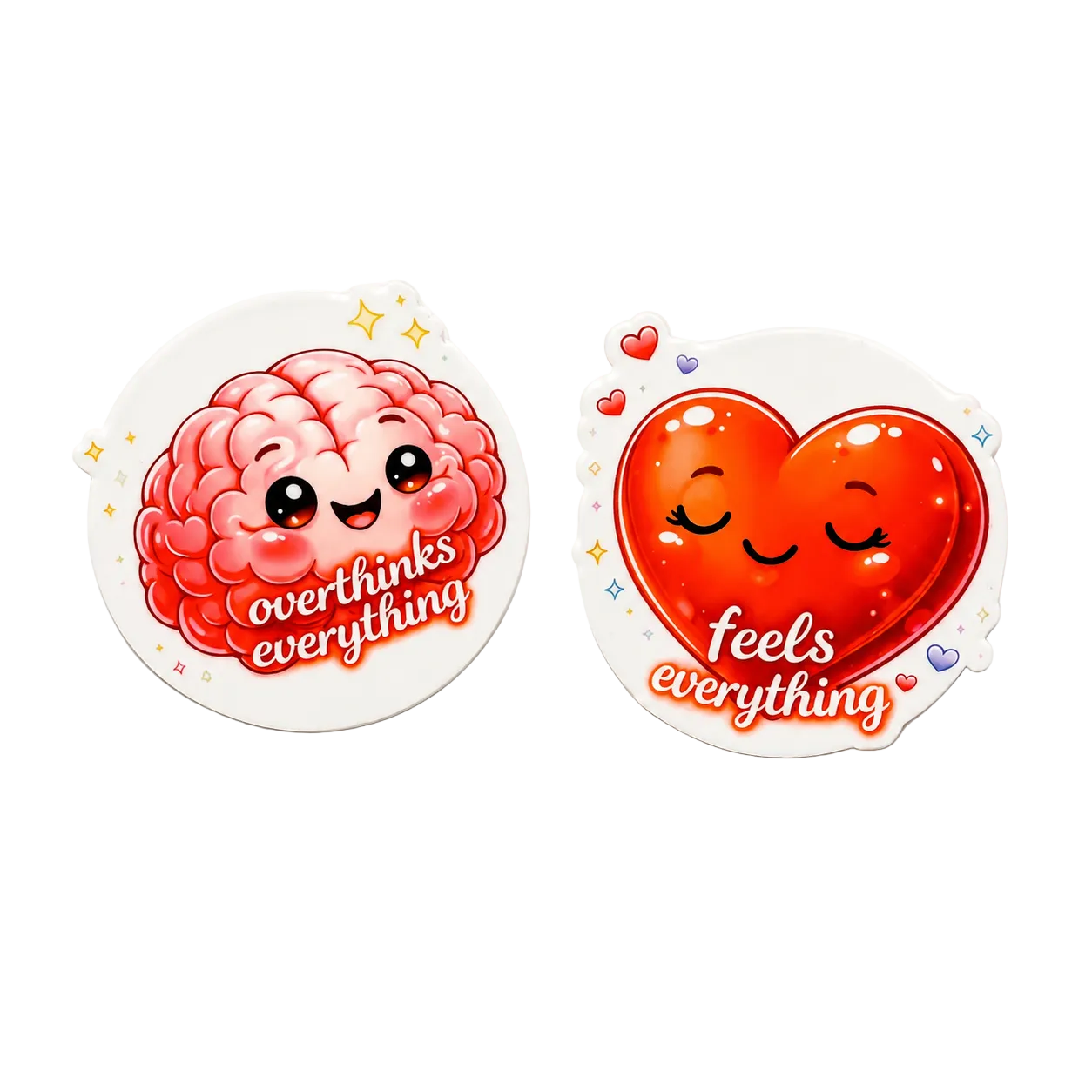 Cute brain and heart plastic add-on set featuring “overthinks everything” and “feels everything” designs for badge reel accessories
