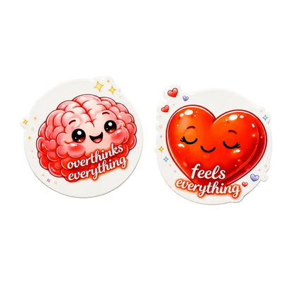 Cute brain and heart plastic add-on set featuring “overthinks everything” and “feels everything” designs for badge reel accessories