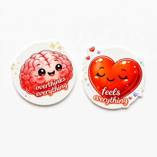 Cute brain and heart plastic add-on set featuring “overthinks everything” and “feels everything” designs for badge reel accessories