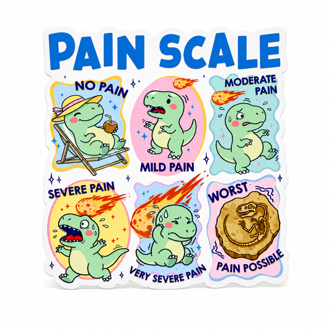 PAIN SCALE plastic add-on with cute dinosaurs showing NO PAIN through WORST PAIN POSSIBLE, a pediatric nurse accessory compatible with interchangeable badge reel bases.
