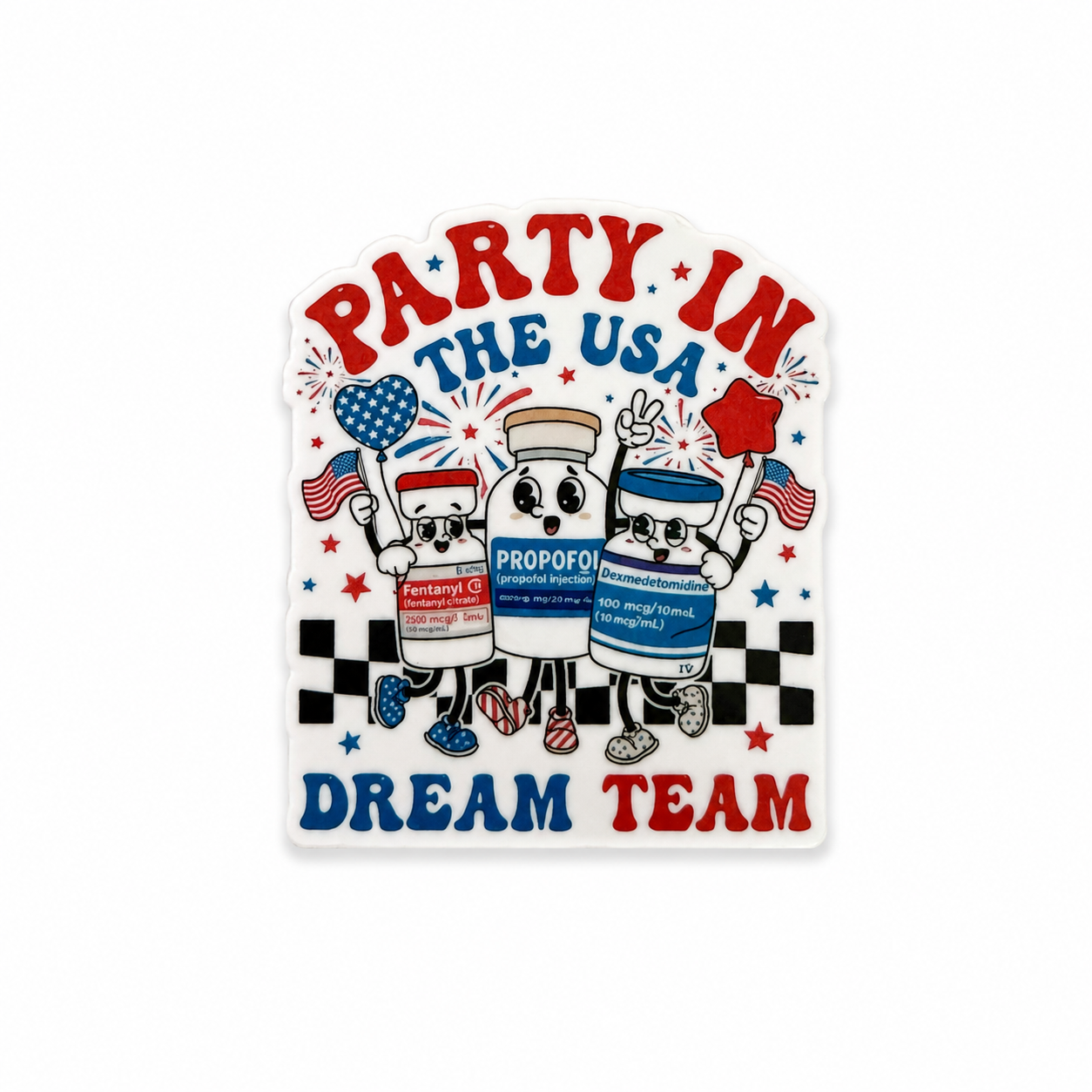 Party in the USA Dream Team plastic add-on featuring cute medication bottle characters and patriotic fireworks design for compatible interchangeable badge reel bases