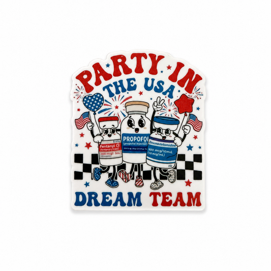 Party in the USA Dream Team plastic add-on featuring cute medication bottle characters and patriotic fireworks design for compatible interchangeable badge reel bases
