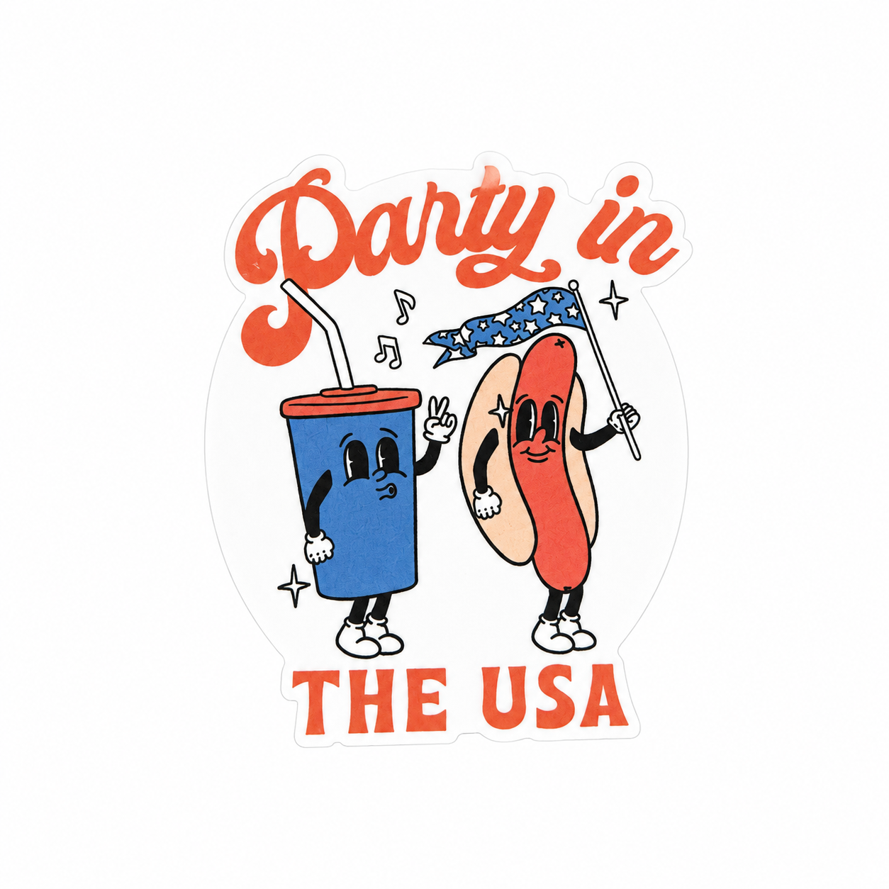 Party In The USA plastic add-on featuring a dancing hot dog, soda cup, and American flag, compatible with interchangeable badge reel bases, patriotic Fourth of July accessory