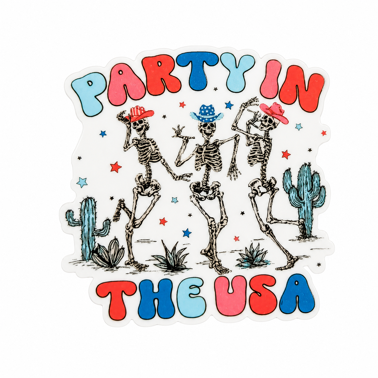 PARTY IN THE USA plastic add-on with dancing skeletons, cowboy hats, cacti, and patriotic colors, compatible with interchangeable badge reel bases.