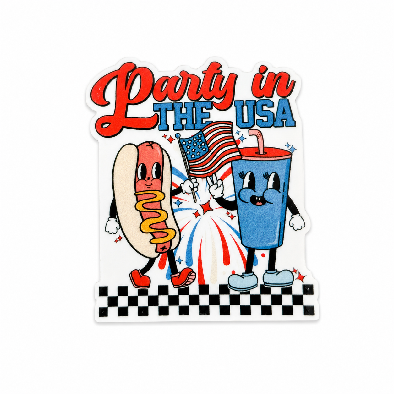 Plastic add-on featuring the text "Party In The USA" with a hot dog, soda cup, American flag, fireworks, and patriotic summer design, compatible with interchangeable badge reel bases.