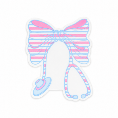 Pastel bow stethoscope plastic add-on featuring pastel pink and blue stripes, compatible with interchangeable badge reel bases and ideal for NICU and Labor Delivery nurses.