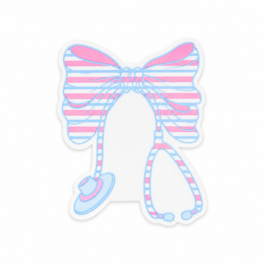 Pastel bow stethoscope plastic add-on featuring pastel pink and blue stripes, compatible with interchangeable badge reel bases and ideal for NICU and Labor Delivery nurses.