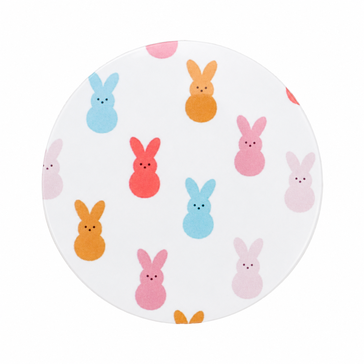 Pastel bunny hard board add-on featuring pink, blue, coral and golden rabbit silhouettes, compatible with interchangeable badge reel bases for Easter fans.