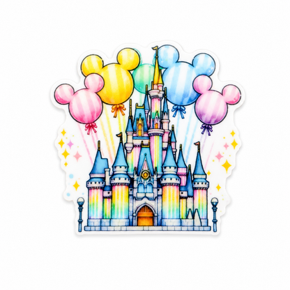 Pastel castle plastic add-on with colorful balloon accents and whimsical fairytale design, compatible with interchangeable badge reel bases and ideal as a cute healthcare badge accessory