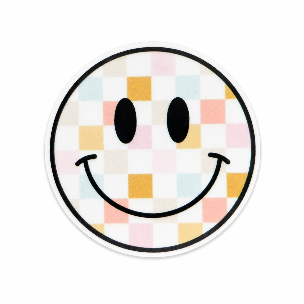 Plastic add-on featuring a pastel checkered smiley face design, compatible with interchangeable badge reel bases, cute retro aesthetic accessory and badge topper.