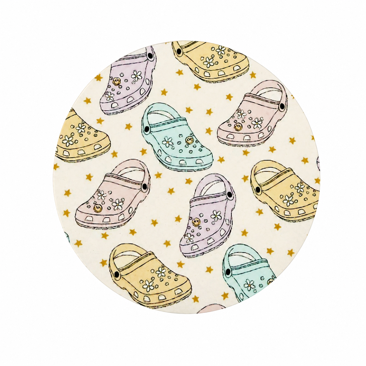 Pastel clogs hard board add-on featuring colorful floral clogs and gold stars, compatible with interchangeable badge reel bases.