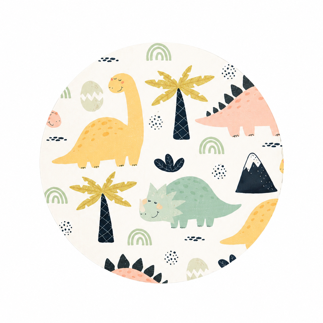 Pastel Dinosaurs hard board add-on featuring baby dinosaurs, palm trees, volcanoes, mountains, and rainbows in soft pastel colors, compatible with interchangeable badge reel bases.