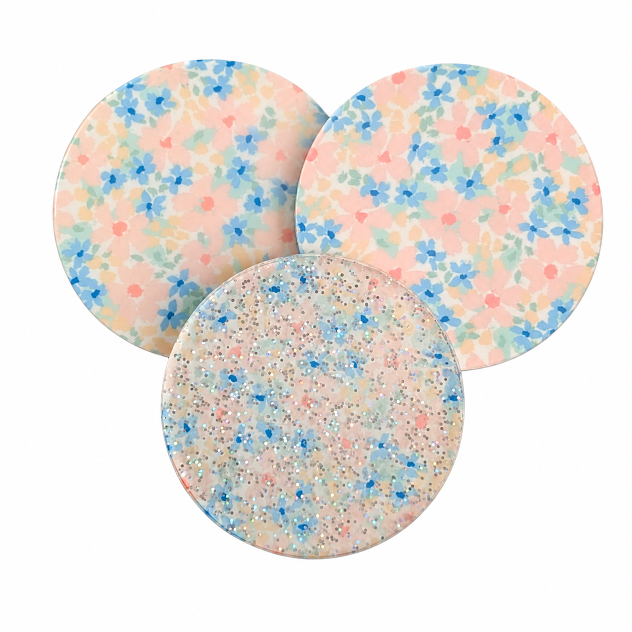 Pastel floral hard board add-on featuring soft blue, pink, peach and mint flowers, compatible with interchangeable badge reel bases for flower lovers.