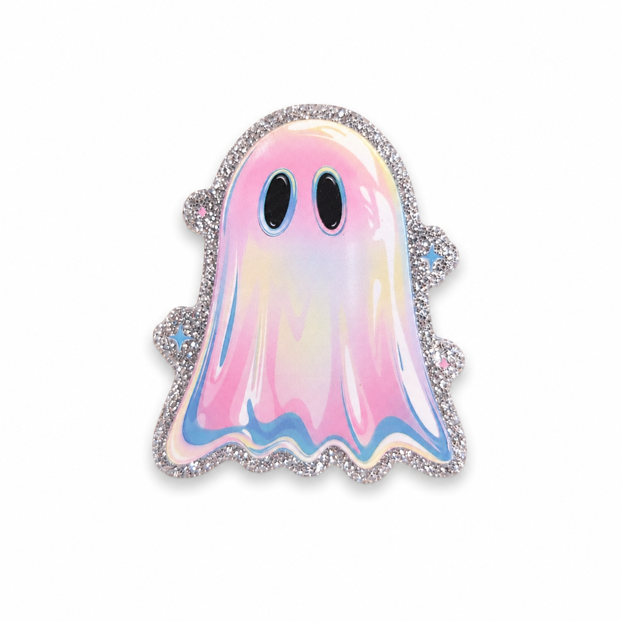 Pastel ghost plastic add-on with glitter-inspired border and cute Halloween design, compatible with interchangeable badge reel bases and perfect for spooky season accessories.