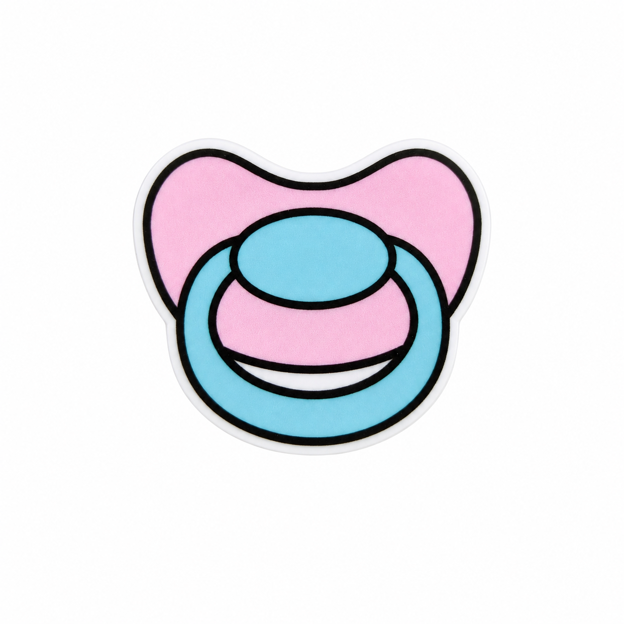 Pastel pacifier plastic add-on featuring pink and blue baby pacifier design compatible with interchangeable badge reel bases and baby-themed accessories