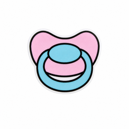 Pastel pacifier plastic add-on featuring pink and blue baby pacifier design compatible with interchangeable badge reel bases and baby-themed accessories