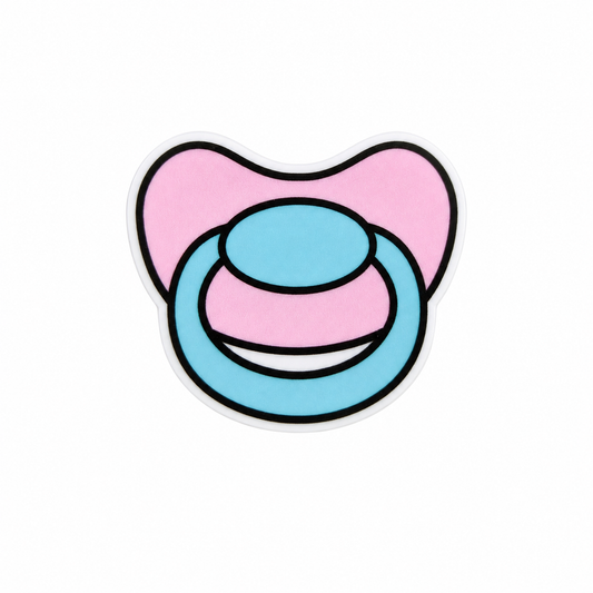 Pastel pacifier plastic add-on featuring pink and blue baby pacifier design compatible with interchangeable badge reel bases and baby-themed accessories