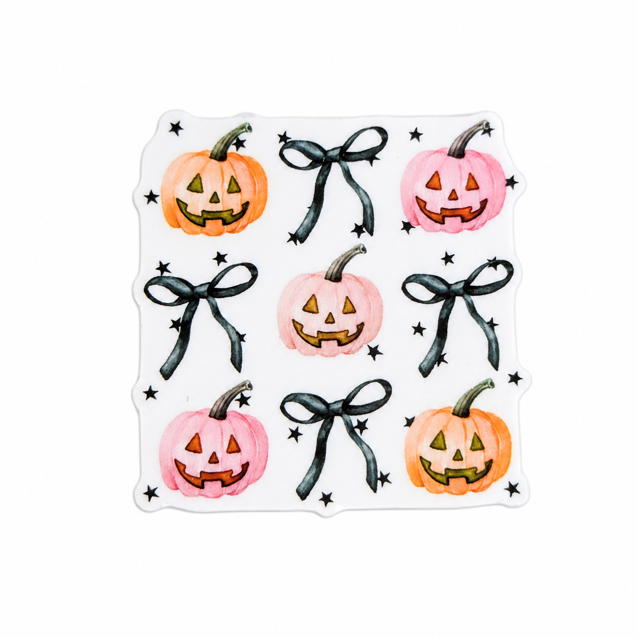 Pastel pumpkin and black bow plastic add-on featuring pink and orange jack-o'-lantern pumpkins with ribbon bows and stars, compatible with interchangeable badge reel bases, cute Halloween accessory