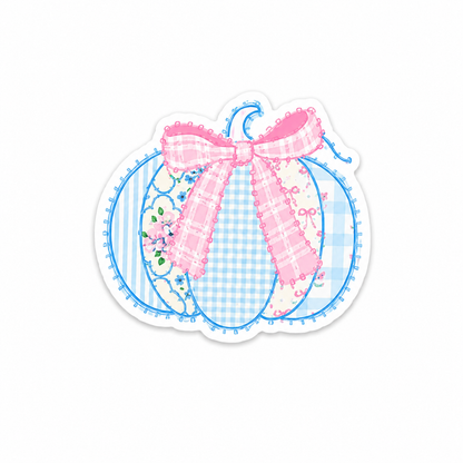 Pastel pumpkin plastic add-on with pink bow and patchwork floral fall aesthetic compatible with interchangeable badge reel bases