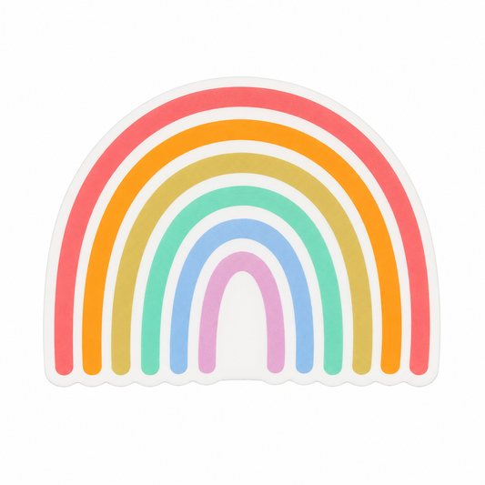 Pastel rainbow plastic add-on with colorful rainbow arches, compatible with interchangeable badge reel bases, perfect positive vibes work badge accessory.